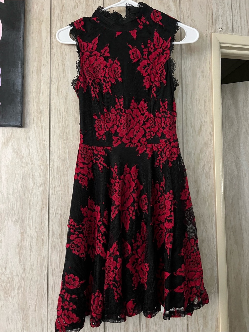 City Studio Black Dress with Red Floral Lace Overlay Size 1